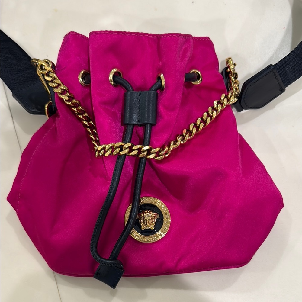Versace Pink Drawstring Bag with Gold Chain